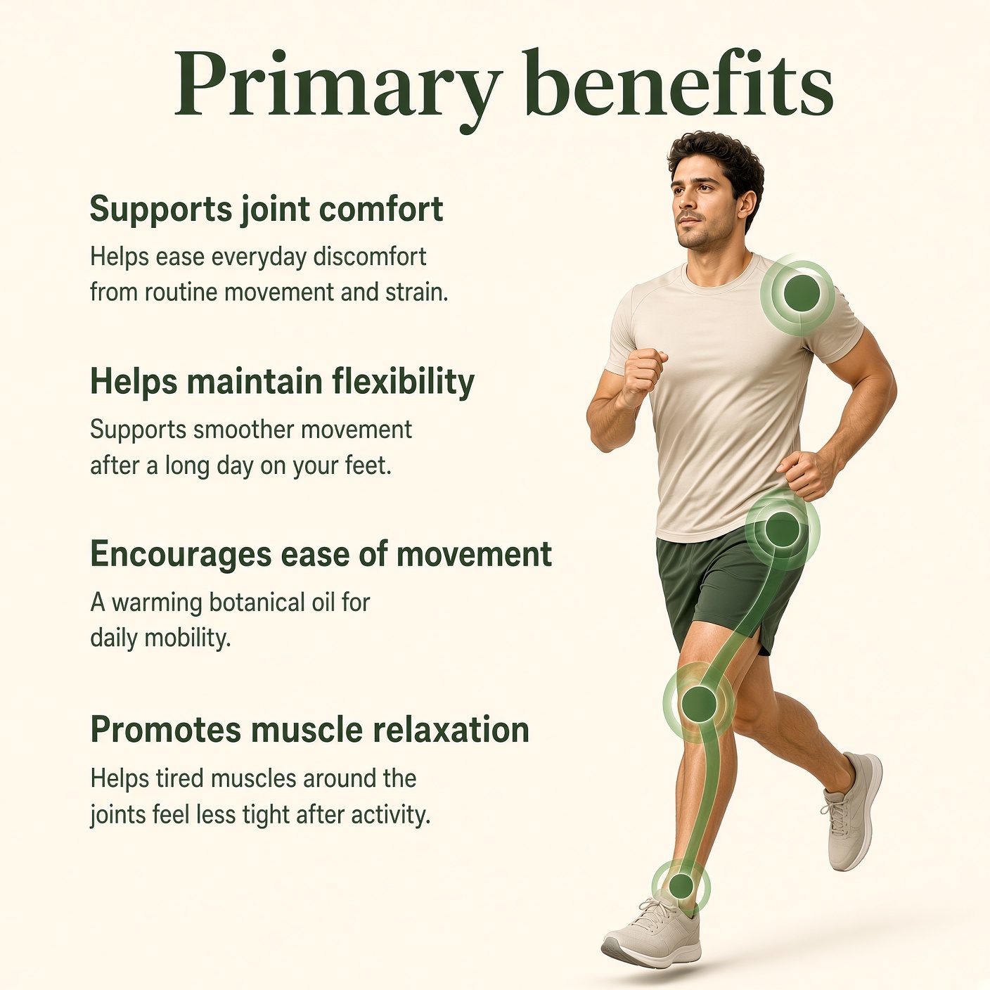 Primary benefits of Pain Relief Oil for joints, flexibility, movement, and muscle relaxation